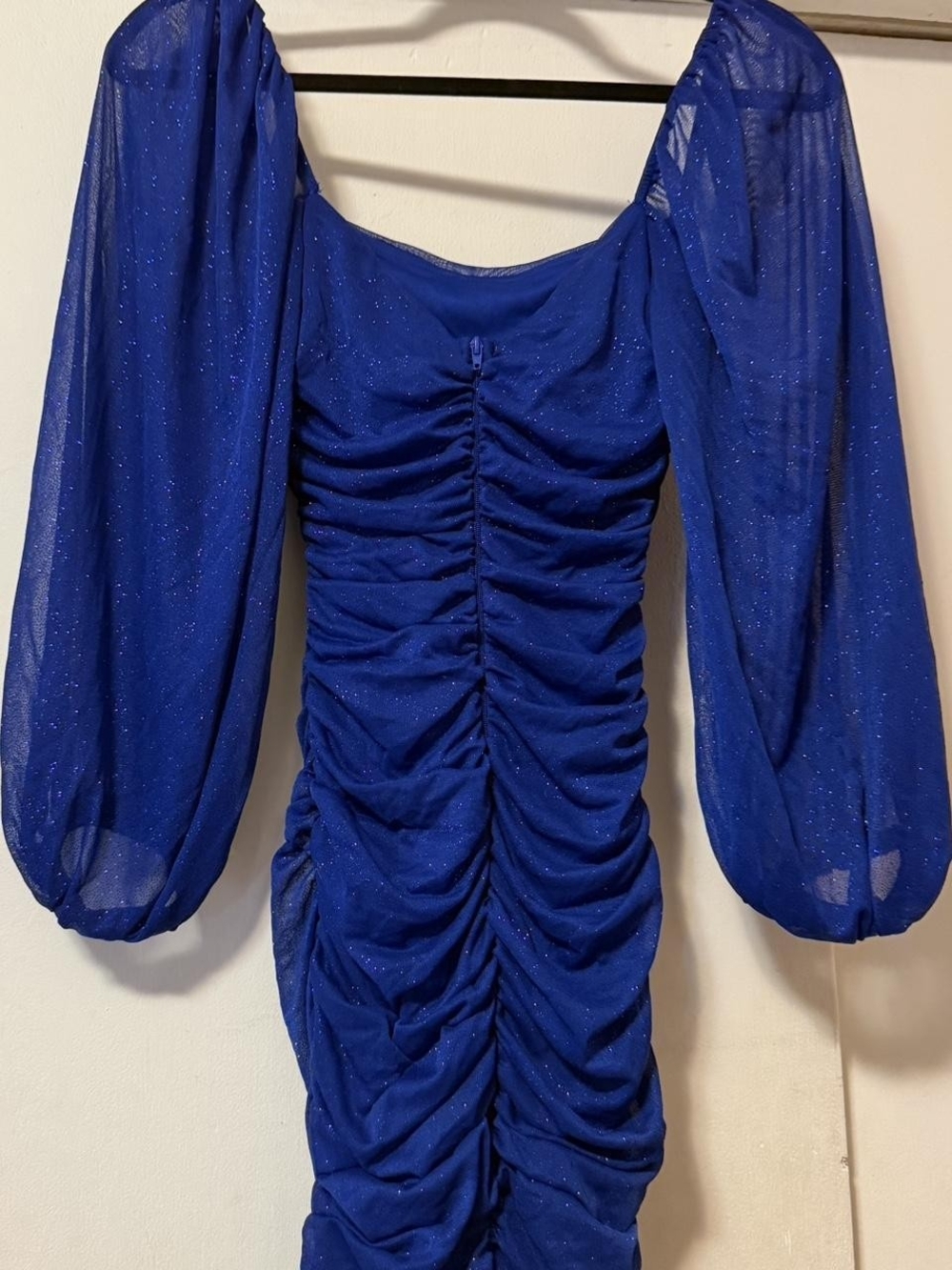 B. Smart Royal Blue Ruched Puff-Sleeve Dress
